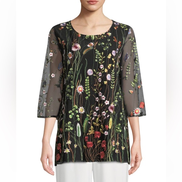Caroline Rose Garden Walk Embroidered Tunic Sheer 3/4 Sleeves Floral Black Multi - Picture 1 of 10